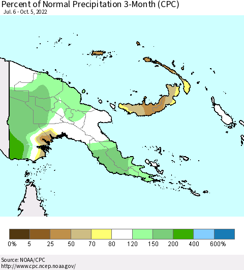 Papua New Guinea Percent of Normal Precipitation 3-Month (CPC) Thematic Map For 7/6/2022 - 10/5/2022