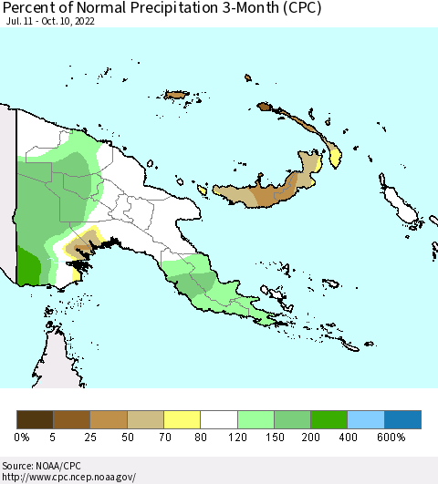Papua New Guinea Percent of Normal Precipitation 3-Month (CPC) Thematic Map For 7/11/2022 - 10/10/2022