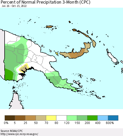 Papua New Guinea Percent of Normal Precipitation 3-Month (CPC) Thematic Map For 7/16/2022 - 10/15/2022
