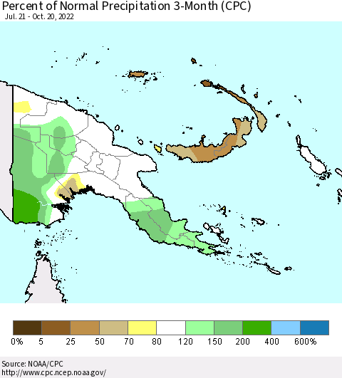 Papua New Guinea Percent of Normal Precipitation 3-Month (CPC) Thematic Map For 7/21/2022 - 10/20/2022