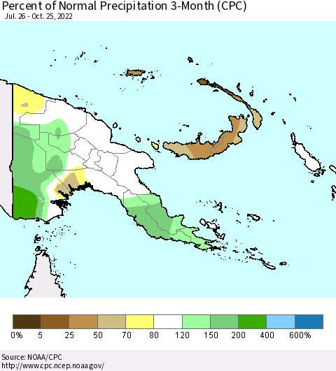 Papua New Guinea Percent of Normal Precipitation 3-Month (CPC) Thematic Map For 7/26/2022 - 10/25/2022