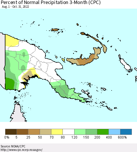 Papua New Guinea Percent of Normal Precipitation 3-Month (CPC) Thematic Map For 8/1/2022 - 10/31/2022