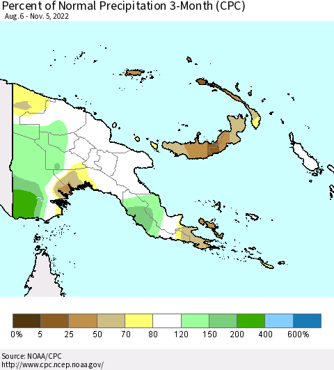 Papua New Guinea Percent of Normal Precipitation 3-Month (CPC) Thematic Map For 8/6/2022 - 11/5/2022