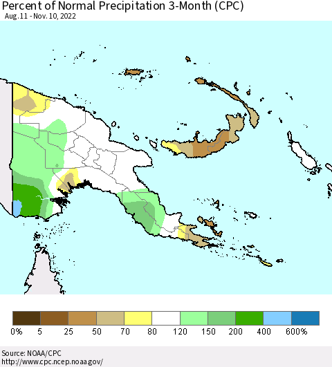 Papua New Guinea Percent of Normal Precipitation 3-Month (CPC) Thematic Map For 8/11/2022 - 11/10/2022