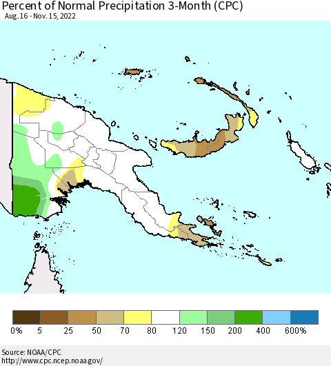 Papua New Guinea Percent of Normal Precipitation 3-Month (CPC) Thematic Map For 8/16/2022 - 11/15/2022