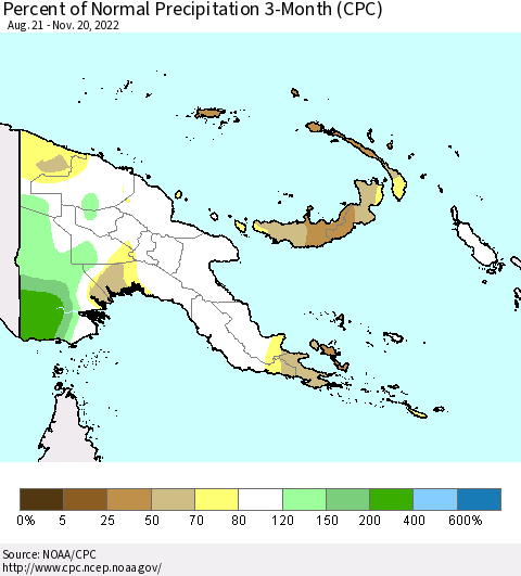 Papua New Guinea Percent of Normal Precipitation 3-Month (CPC) Thematic Map For 8/21/2022 - 11/20/2022