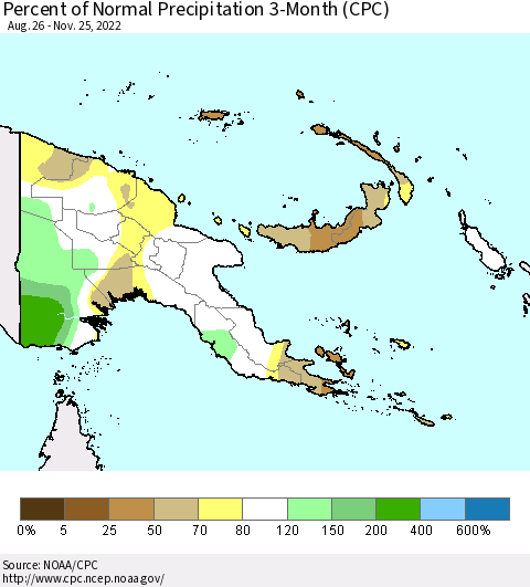 Papua New Guinea Percent of Normal Precipitation 3-Month (CPC) Thematic Map For 8/26/2022 - 11/25/2022
