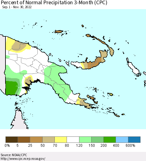 Papua New Guinea Percent of Normal Precipitation 3-Month (CPC) Thematic Map For 9/1/2022 - 11/30/2022