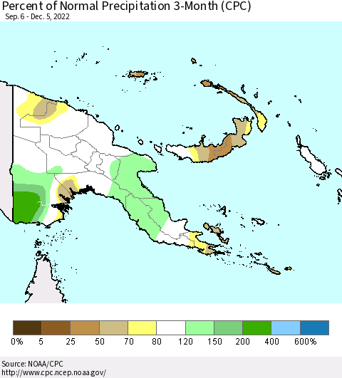 Papua New Guinea Percent of Normal Precipitation 3-Month (CPC) Thematic Map For 9/6/2022 - 12/5/2022