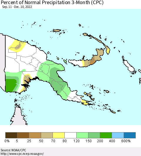 Papua New Guinea Percent of Normal Precipitation 3-Month (CPC) Thematic Map For 9/11/2022 - 12/10/2022