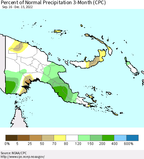 Papua New Guinea Percent of Normal Precipitation 3-Month (CPC) Thematic Map For 9/16/2022 - 12/15/2022