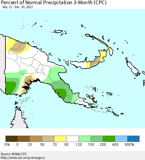 Papua New Guinea Percent of Normal Precipitation 3-Month (CPC) Thematic Map For 9/21/2022 - 12/20/2022