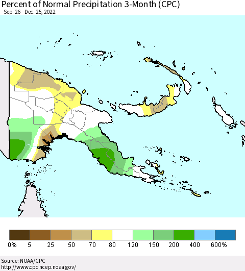 Papua New Guinea Percent of Normal Precipitation 3-Month (CPC) Thematic Map For 9/26/2022 - 12/25/2022