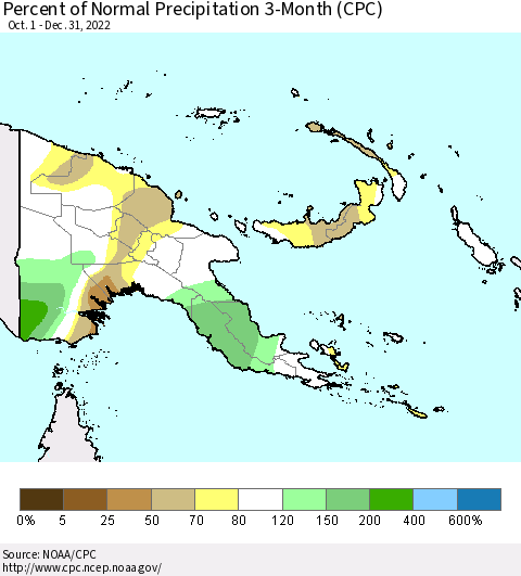 Papua New Guinea Percent of Normal Precipitation 3-Month (CPC) Thematic Map For 10/1/2022 - 12/31/2022