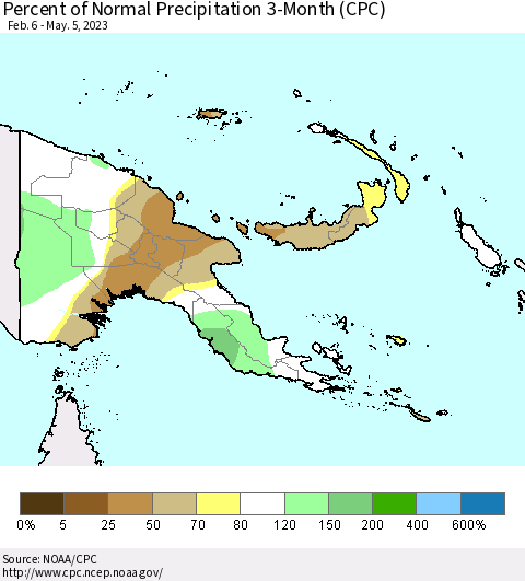 Papua New Guinea Percent of Normal Precipitation 3-Month (CPC) Thematic Map For 2/6/2023 - 5/5/2023