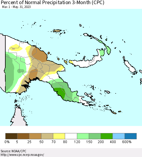 Papua New Guinea Percent of Normal Precipitation 3-Month (CPC) Thematic Map For 3/1/2023 - 5/31/2023