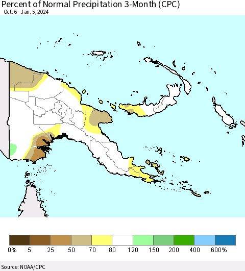 Papua New Guinea Percent of Normal Precipitation 3-Month (CPC) Thematic Map For 10/6/2023 - 1/5/2024