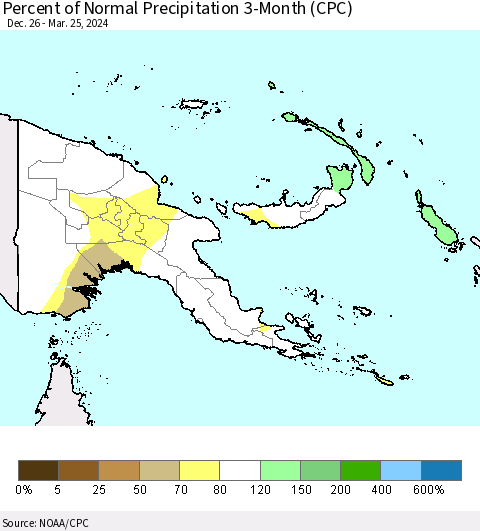 Papua New Guinea Percent of Normal Precipitation 3-Month (CPC) Thematic Map For 12/26/2023 - 3/25/2024