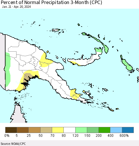 Papua New Guinea Percent of Normal Precipitation 3-Month (CPC) Thematic Map For 1/21/2024 - 4/20/2024