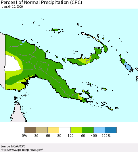 Papua New Guinea Percent of Normal Precipitation (CPC) Thematic Map For 1/6/2020 - 1/12/2020
