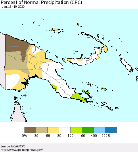 Papua New Guinea Percent of Normal Precipitation (CPC) Thematic Map For 1/13/2020 - 1/19/2020