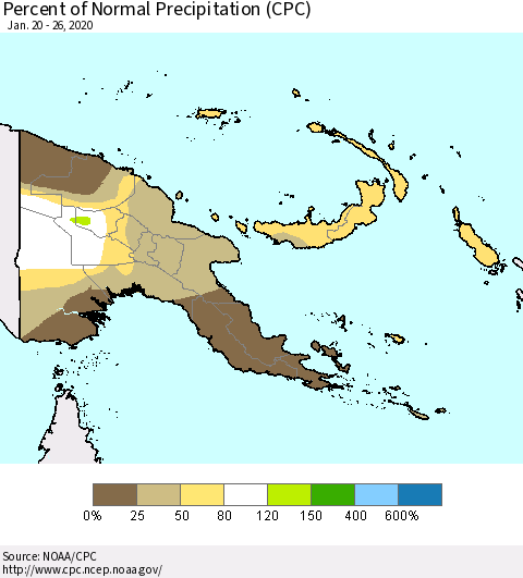Papua New Guinea Percent of Normal Precipitation (CPC) Thematic Map For 1/20/2020 - 1/26/2020
