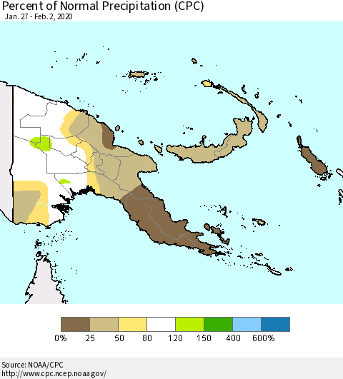 Papua New Guinea Percent of Normal Precipitation (CPC) Thematic Map For 1/27/2020 - 2/2/2020