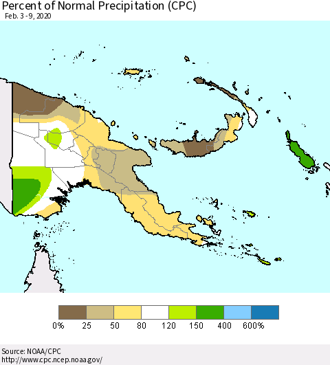 Papua New Guinea Percent of Normal Precipitation (CPC) Thematic Map For 2/3/2020 - 2/9/2020