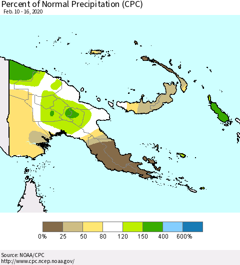 Papua New Guinea Percent of Normal Precipitation (CPC) Thematic Map For 2/10/2020 - 2/16/2020