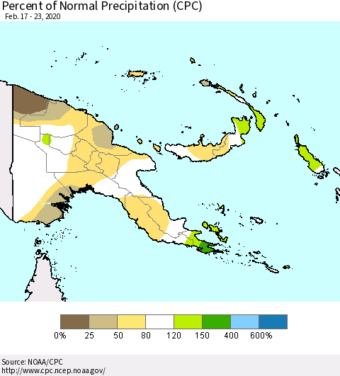 Papua New Guinea Percent of Normal Precipitation (CPC) Thematic Map For 2/17/2020 - 2/23/2020