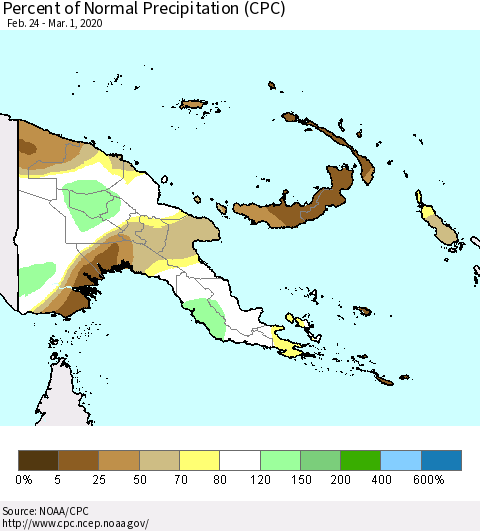 Papua New Guinea Percent of Normal Precipitation (CPC) Thematic Map For 2/24/2020 - 3/1/2020