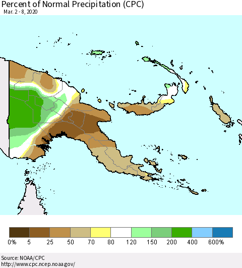 Papua New Guinea Percent of Normal Precipitation (CPC) Thematic Map For 3/2/2020 - 3/8/2020
