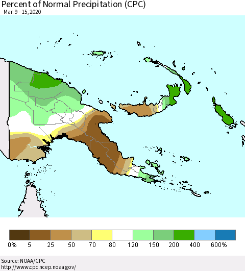 Papua New Guinea Percent of Normal Precipitation (CPC) Thematic Map For 3/9/2020 - 3/15/2020