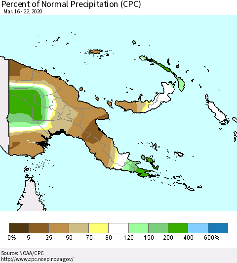 Papua New Guinea Percent of Normal Precipitation (CPC) Thematic Map For 3/16/2020 - 3/22/2020