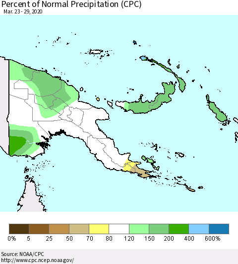 Papua New Guinea Percent of Normal Precipitation (CPC) Thematic Map For 3/23/2020 - 3/29/2020