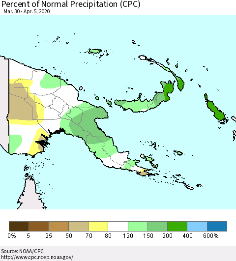 Papua New Guinea Percent of Normal Precipitation (CPC) Thematic Map For 3/30/2020 - 4/5/2020