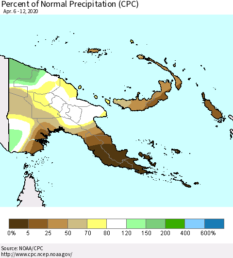 Papua New Guinea Percent of Normal Precipitation (CPC) Thematic Map For 4/6/2020 - 4/12/2020