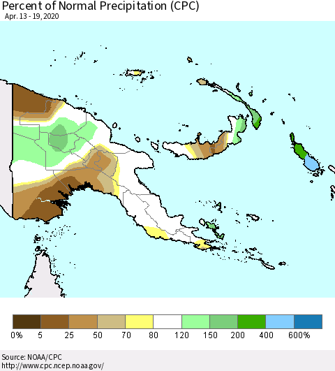 Papua New Guinea Percent of Normal Precipitation (CPC) Thematic Map For 4/13/2020 - 4/19/2020
