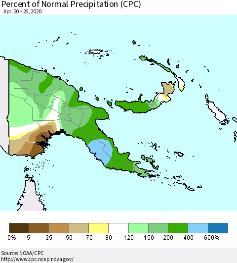 Papua New Guinea Percent of Normal Precipitation (CPC) Thematic Map For 4/20/2020 - 4/26/2020