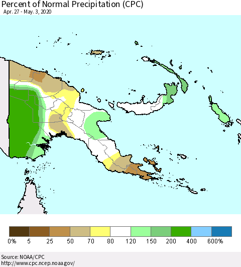 Papua New Guinea Percent of Normal Precipitation (CPC) Thematic Map For 4/27/2020 - 5/3/2020