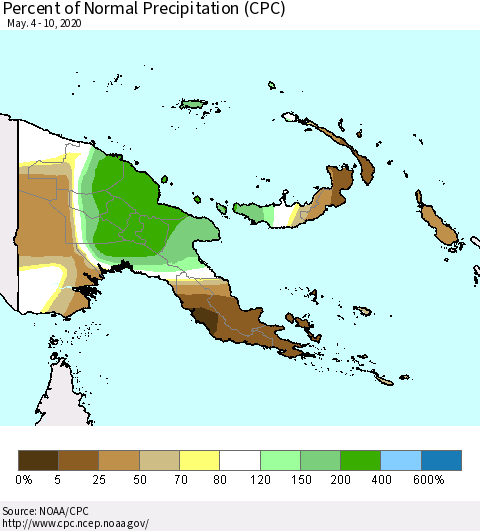 Papua New Guinea Percent of Normal Precipitation (CPC) Thematic Map For 5/4/2020 - 5/10/2020