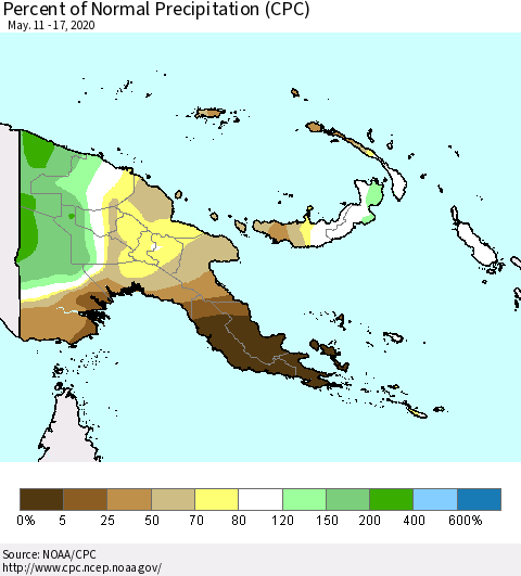 Papua New Guinea Percent of Normal Precipitation (CPC) Thematic Map For 5/11/2020 - 5/17/2020