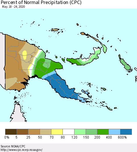 Papua New Guinea Percent of Normal Precipitation (CPC) Thematic Map For 5/18/2020 - 5/24/2020