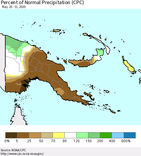 Papua New Guinea Percent of Normal Precipitation (CPC) Thematic Map For 5/25/2020 - 5/31/2020