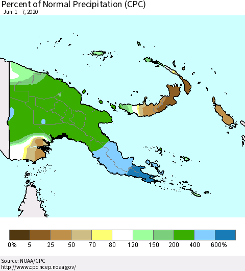 Papua New Guinea Percent of Normal Precipitation (CPC) Thematic Map For 6/1/2020 - 6/7/2020
