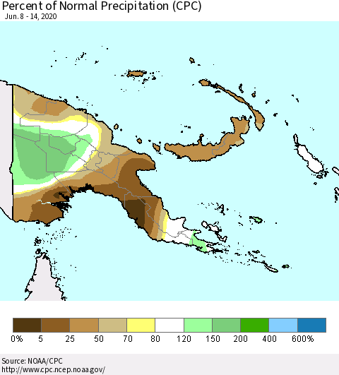Papua New Guinea Percent of Normal Precipitation (CPC) Thematic Map For 6/8/2020 - 6/14/2020