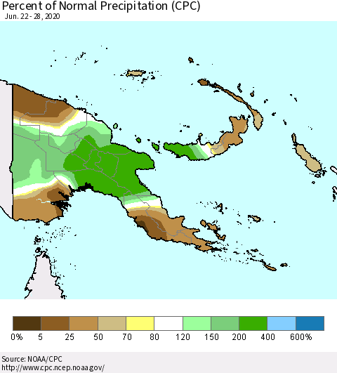 Papua New Guinea Percent of Normal Precipitation (CPC) Thematic Map For 6/22/2020 - 6/28/2020