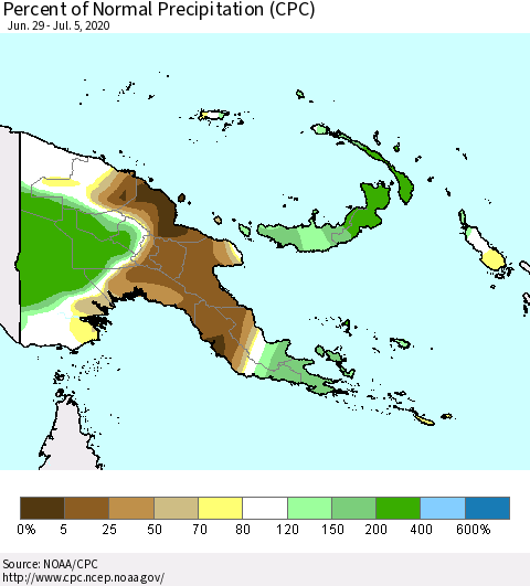 Papua New Guinea Percent of Normal Precipitation (CPC) Thematic Map For 6/29/2020 - 7/5/2020