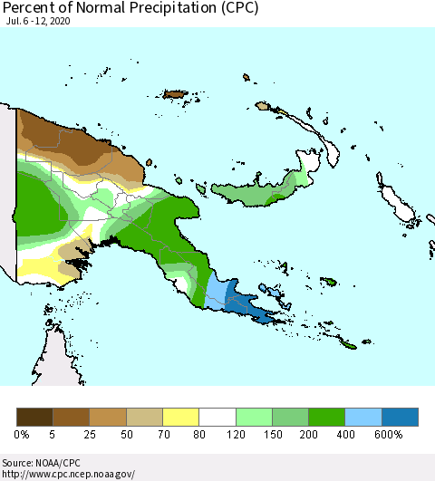 Papua New Guinea Percent of Normal Precipitation (CPC) Thematic Map For 7/6/2020 - 7/12/2020