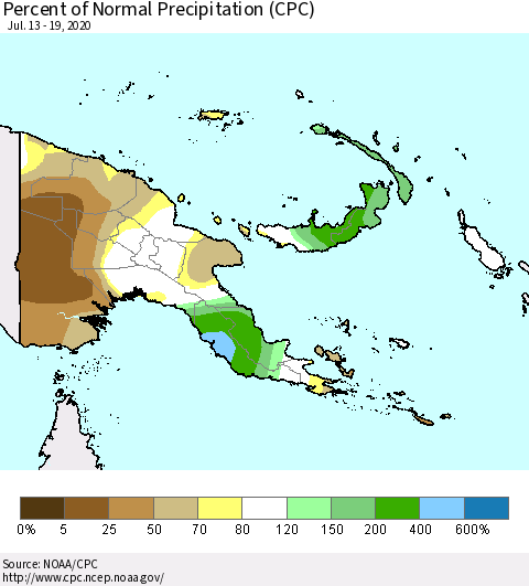 Papua New Guinea Percent of Normal Precipitation (CPC) Thematic Map For 7/13/2020 - 7/19/2020